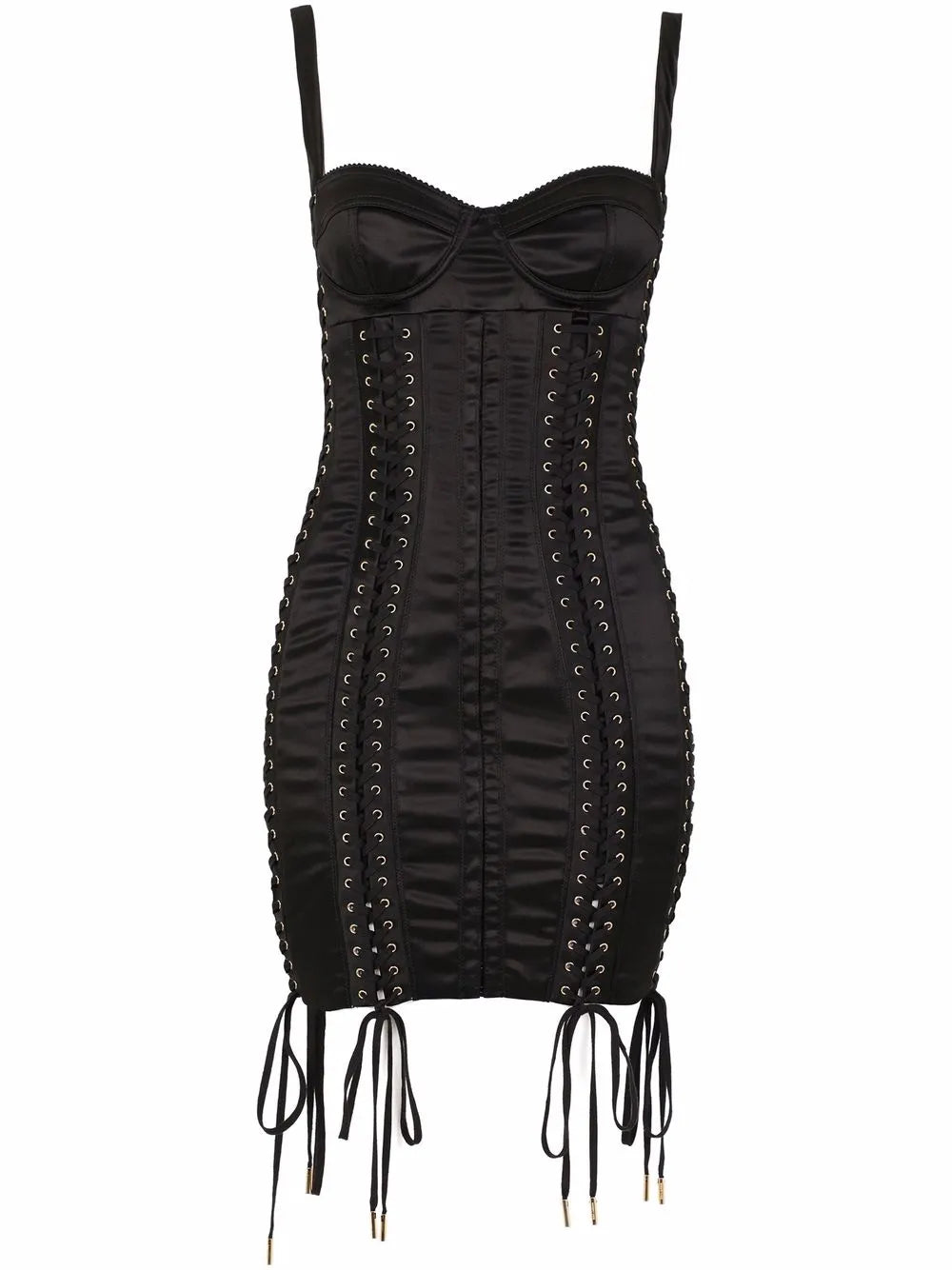 Dolce Gabbana Lace Up Satin Minidress — Black — Size XS — Front View
