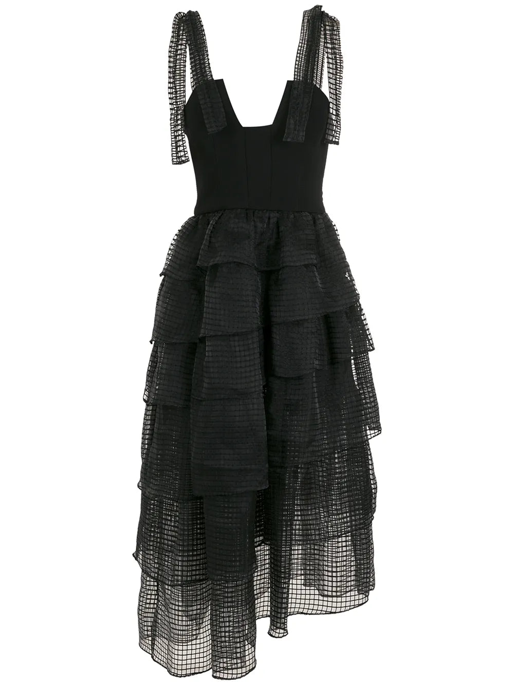 Olympiah Mesh Tiered Bodice Midi Dress — Black/ Red — Size XS — Front View
