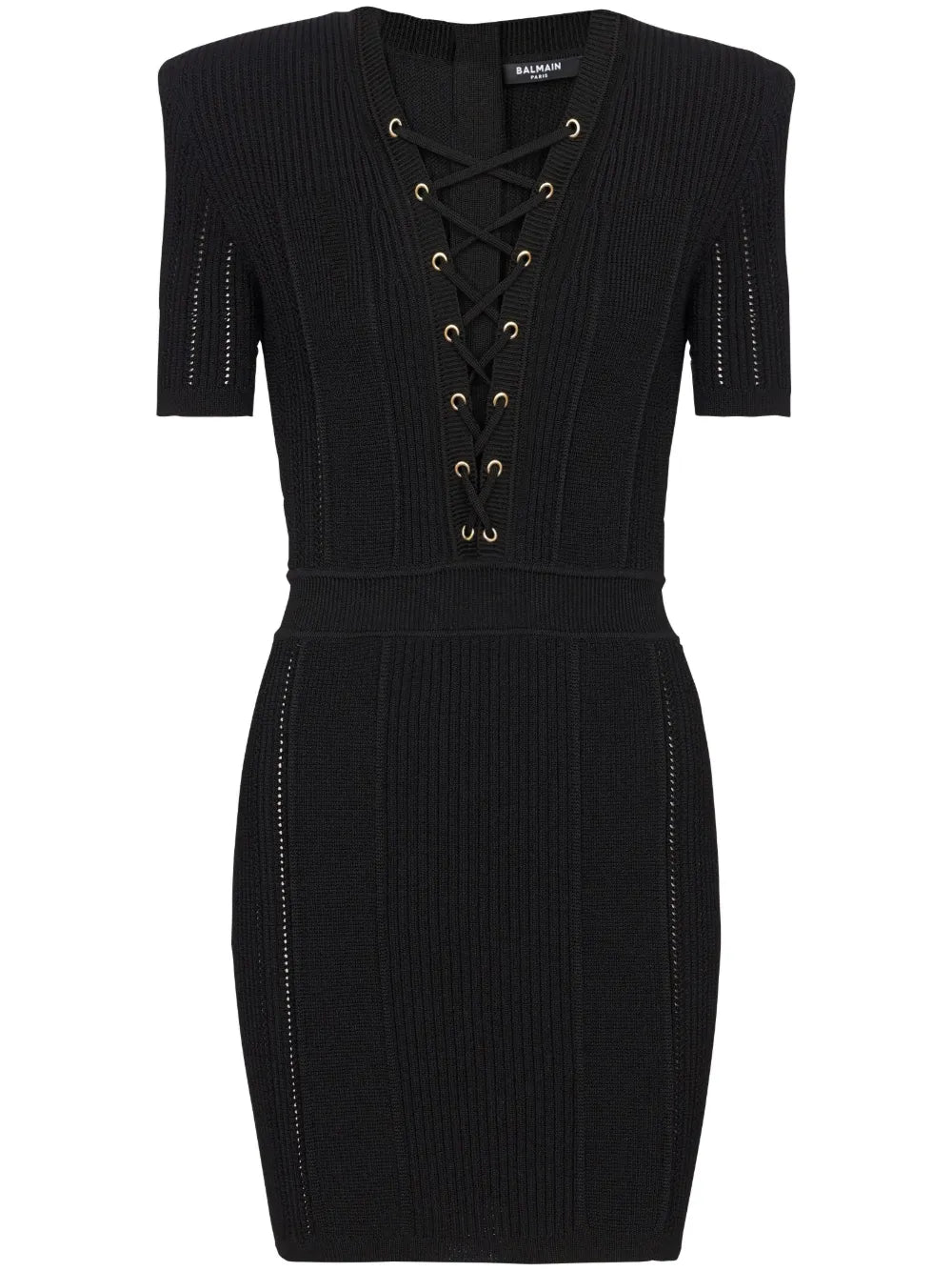Balmain V Neck Lace Up Minidress — Black/ Gold — Size XS — Front View