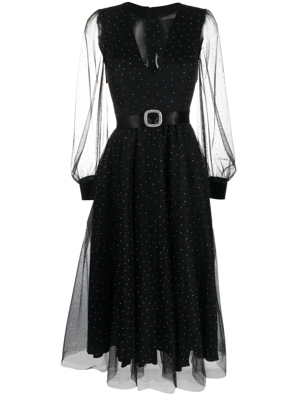 Nissa Crystal Embellished Belted Waist Dress — Black/ Red — Size XS — Front View