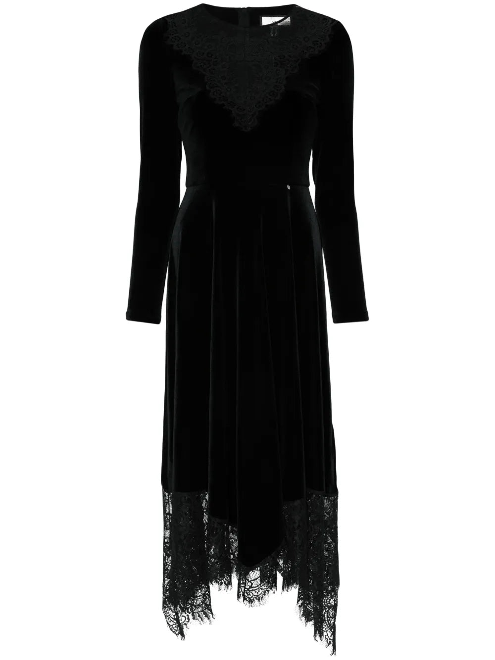 Nissa Floral Lace Velvet Midi Dress — Black/ Red/ Silver — Size XL — Front View