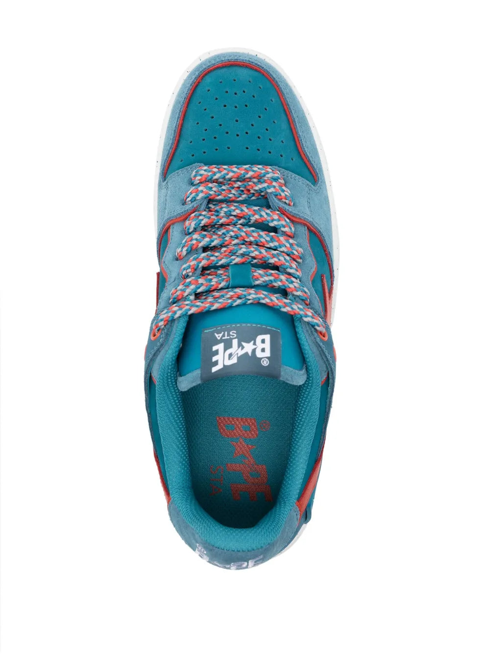 A Bathing Ape?Sk8 Sta Panelled Sneakers — Azure/Burnt Orange — Size US M 3.5 - US W 5 — Top View