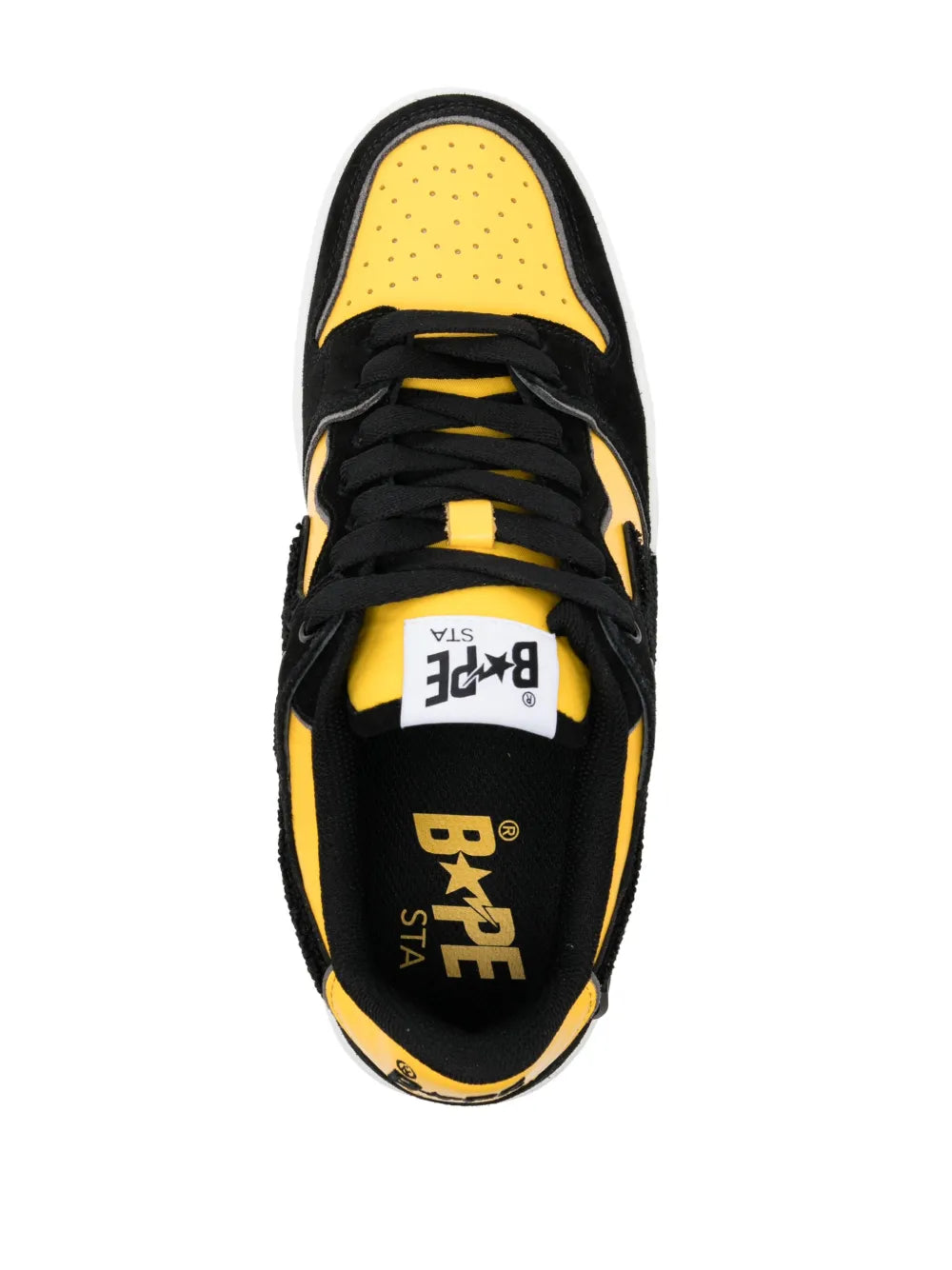 A Bathing Ape?Sk8 Sta Panelled Sneakers — Black/Canary Yellow — Size US M 3.5 - US W 5 — Top View