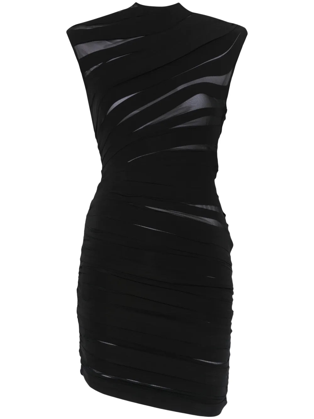 Mugler Ruched Sheer Mini Dress — Black/ Tan — Size XS — Front View