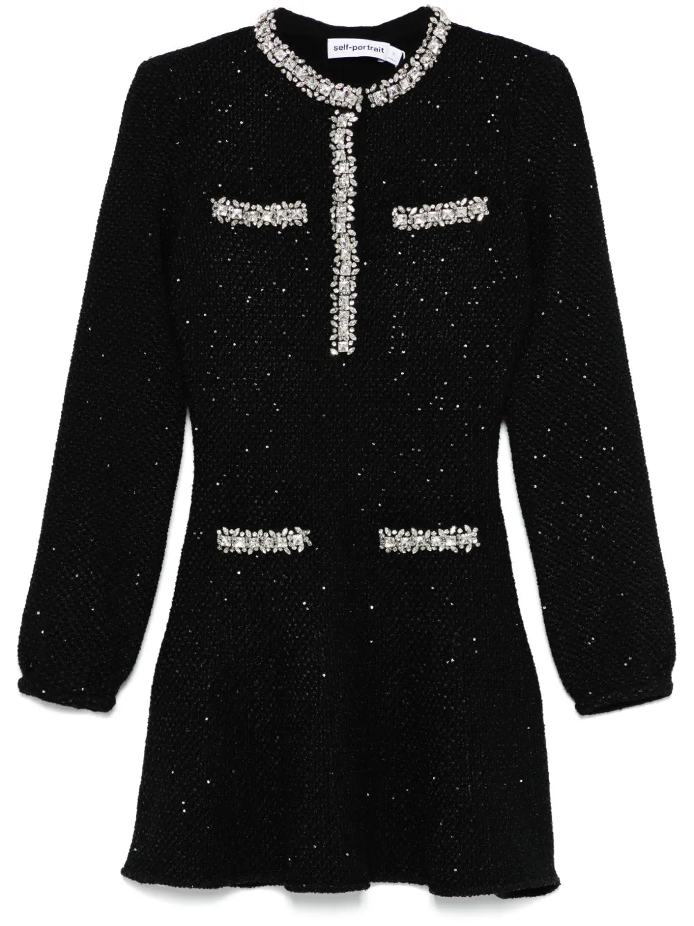 Self Portrait Sequin Knit Mini Dress — Black — Size XS — Front View