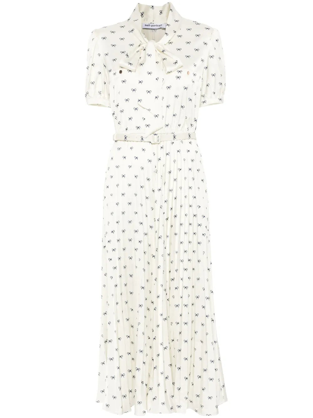 Self Portrait Satin Bow Print Midi Dress — Beige — Size XS — Front View