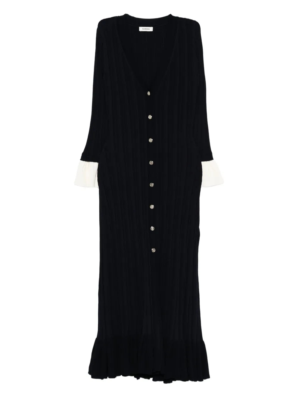 Sandro Ruffled Button Placket Midi Dress — Blue/ Navy — Size XS — Front View