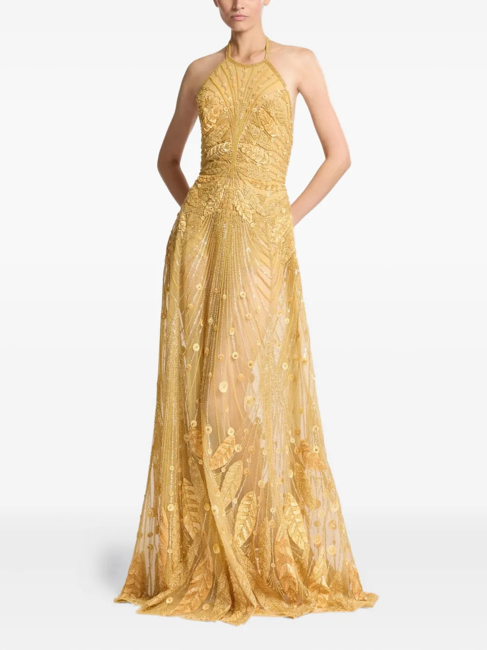 Elie Saab Beaded Halter Neck Dress — Red/ Gold — Size M — Front View