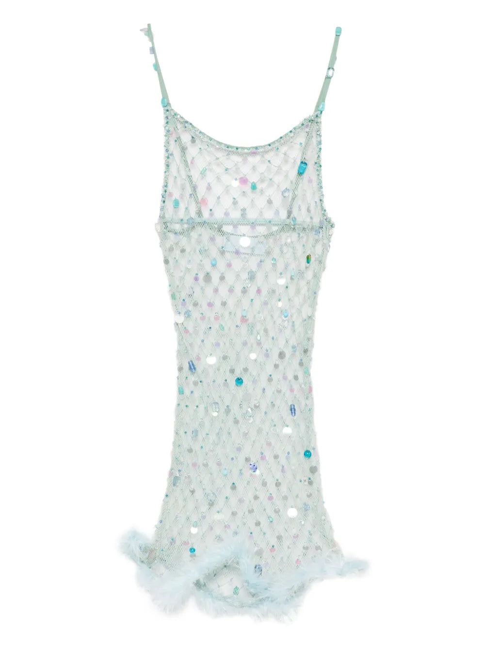 Roberta Einer Feather Trim Mesh Mini Dress — Blue — Size XS — Front View