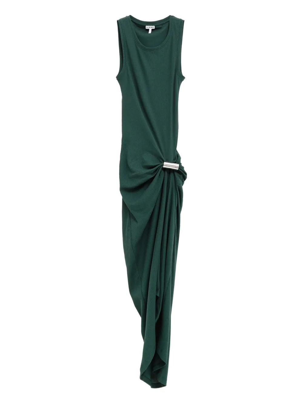 Loewe Draped Fine Ribbed Dress — Green/ Silver — Size S — Front View