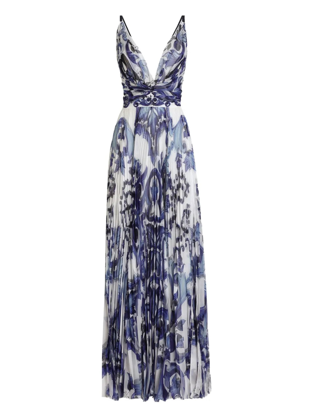 Dolce Gabbana Pleated Print Dress — Blue — Size XS — Front View