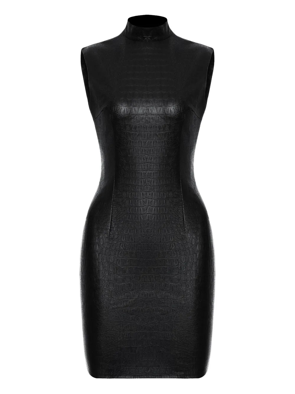 Lika High Neck Crocodile Effect Mini Dress — Black — Size S — Front View