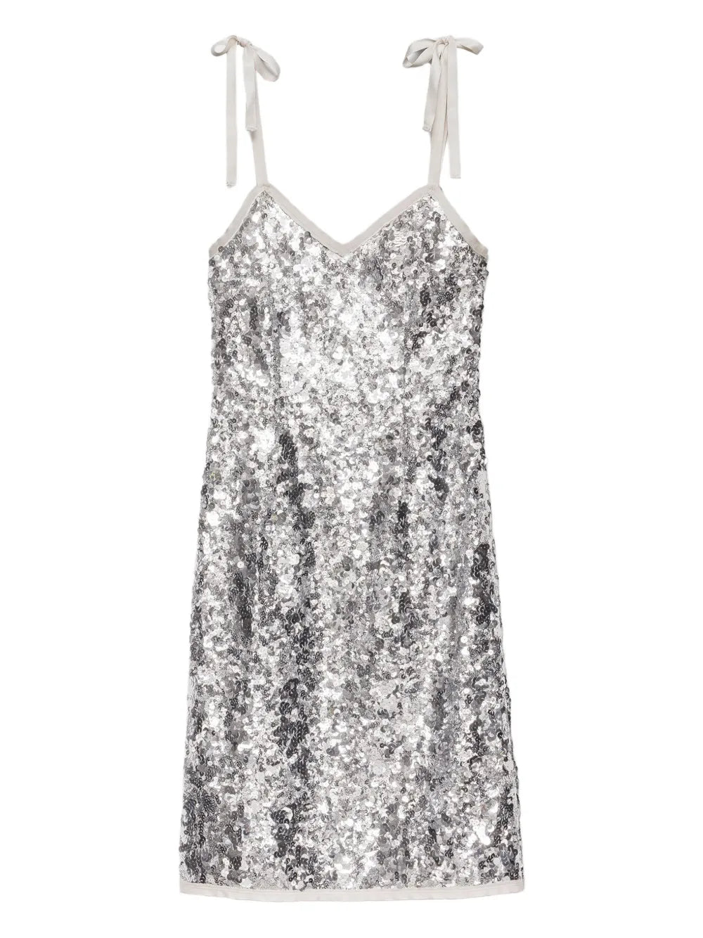 Prada Ribbon Strap Sequinned Dress — Silver — Size M — Front View