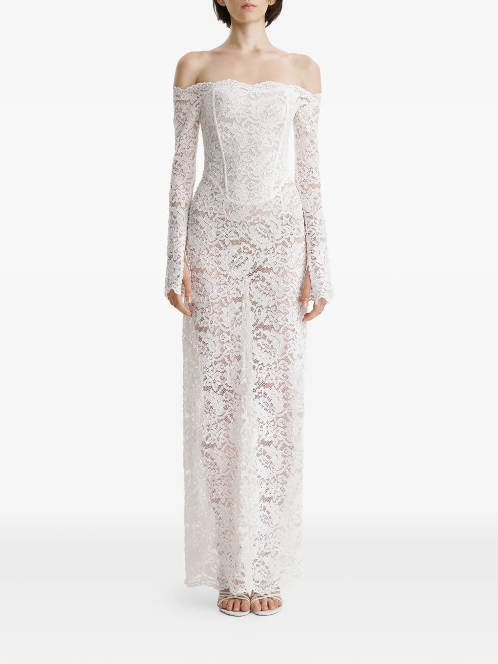 2310 Studio Lace Corset Off Shoulder Maxi Dress — White — Size S — Front View
