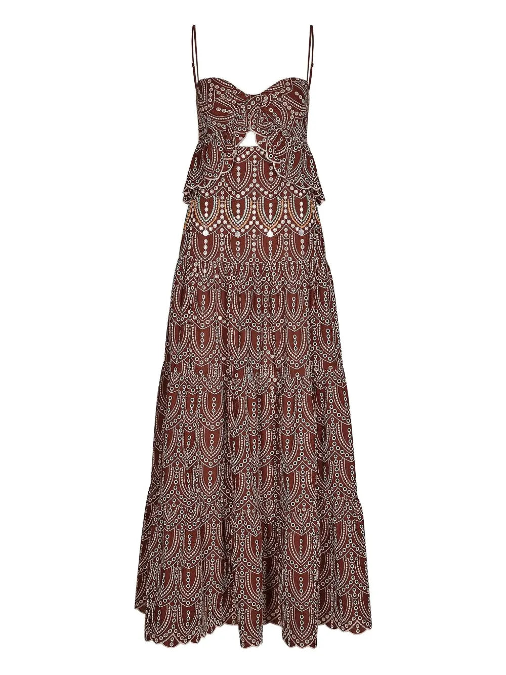 Johanna Ortiz Entre Flechas Embroidered Details Maxi Dress — Brown/ Red — Size S — Front View