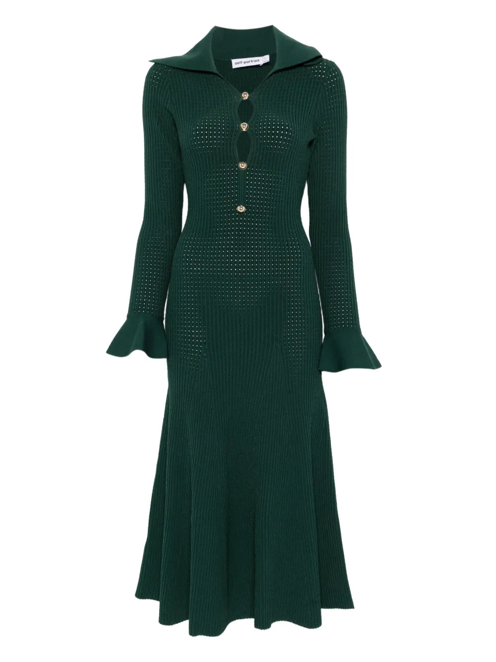 Self Portrait Collared Knitted Midi Dress — Red/ Green — Size XL — Front View