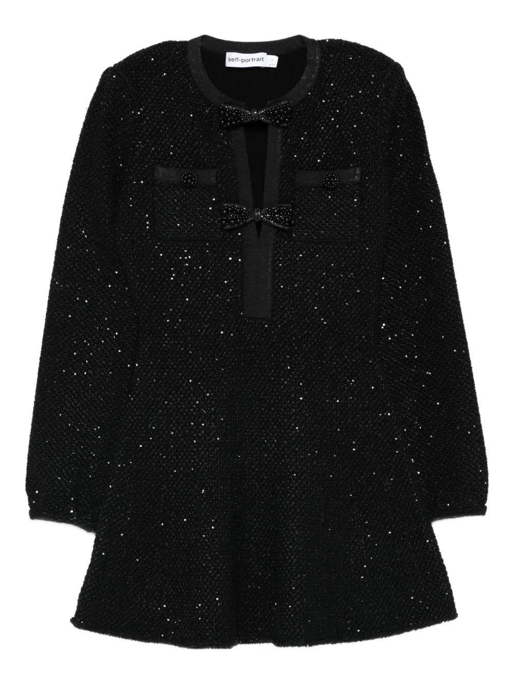 Self Portrait Sequin Bow Mini Dress — Black — Size XS — Front View