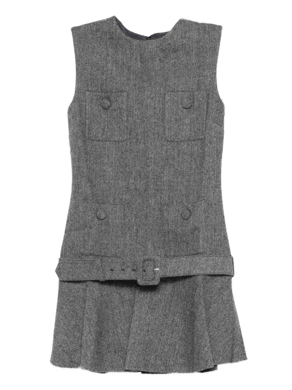 Self Portrait Herringbone Buckled Mini Dress — Grey/ Red — Size XS — Front View