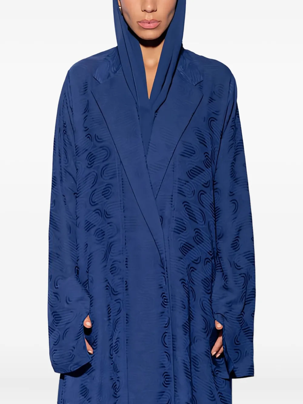 Harlienz Shawl Collar Patterned Maxi Dress — Blue/ Navy — Size XS — Front View