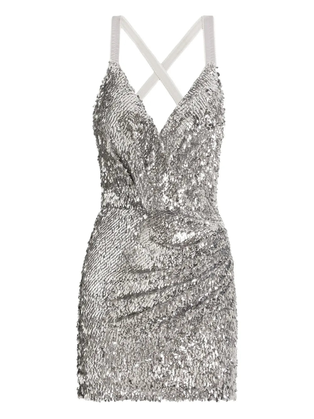 Dolce Gabbana Sequin Crossover Dress — Silver — Size XS — Front View