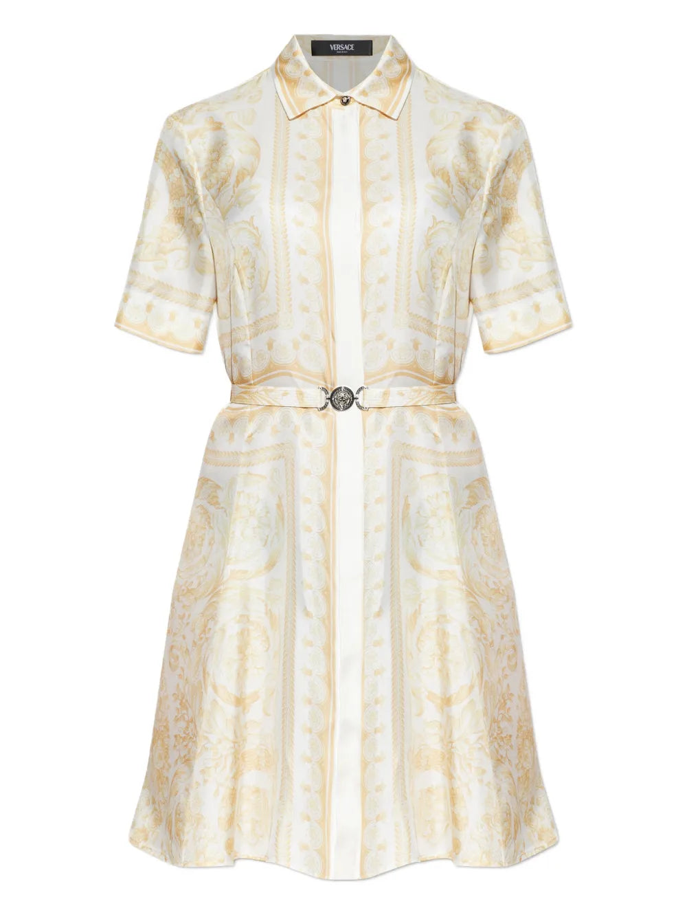 Versace Belted Print Mini Dress — Beige/ White — Size S — Front View
