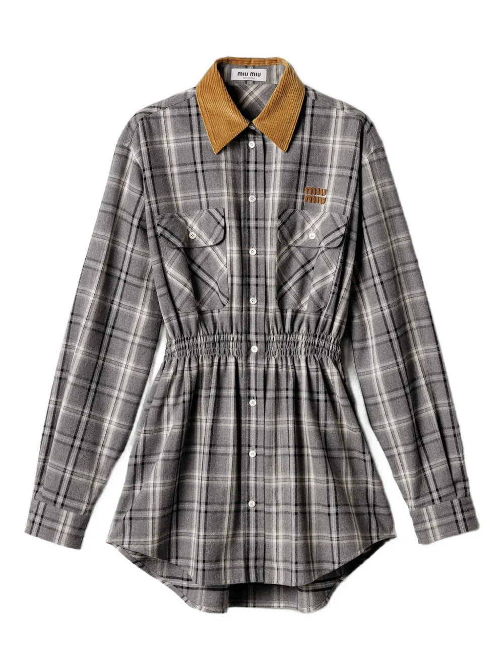 Miu Miu Buttoned Check Pattern Mini Dress — Grey — Size XS — Front View