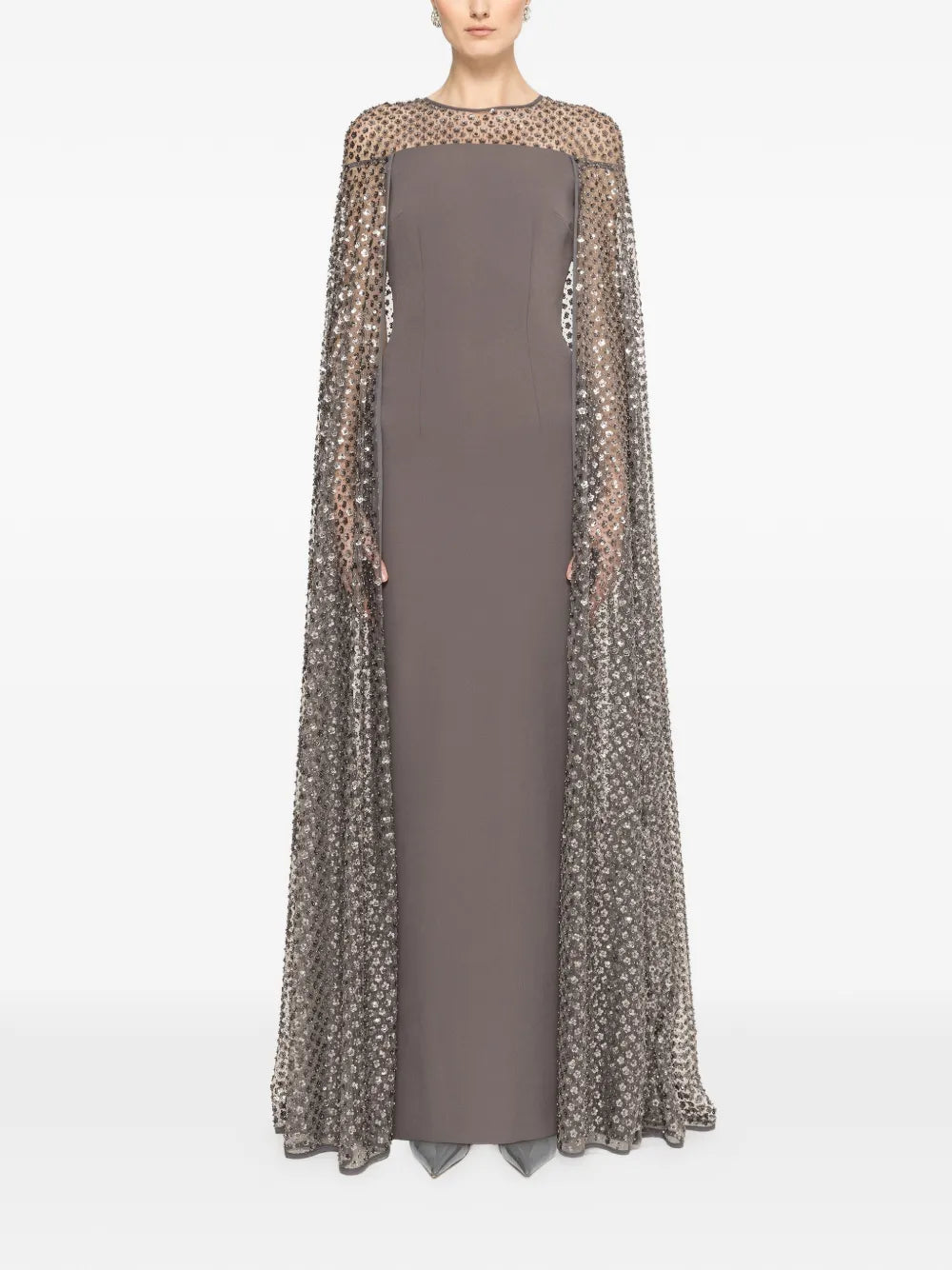 Nissa Sequined Cape Maxi Dress — Grey — Size XS — Front View