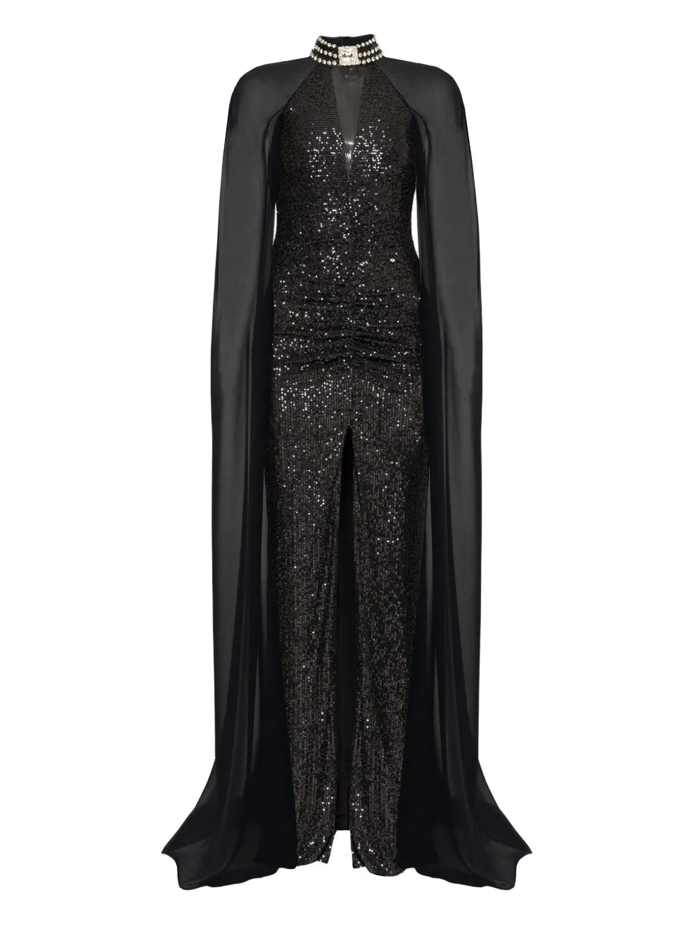 Nissa Sequined Cape Gown — Black — Size XS — Front View