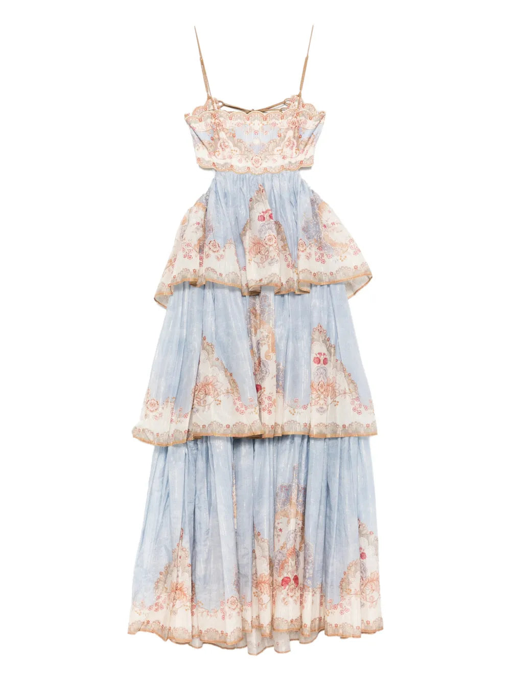 Zimmermann Daylight Tiered Floral Print Maxi Dress — Blue/ Red — Size XS — Front View