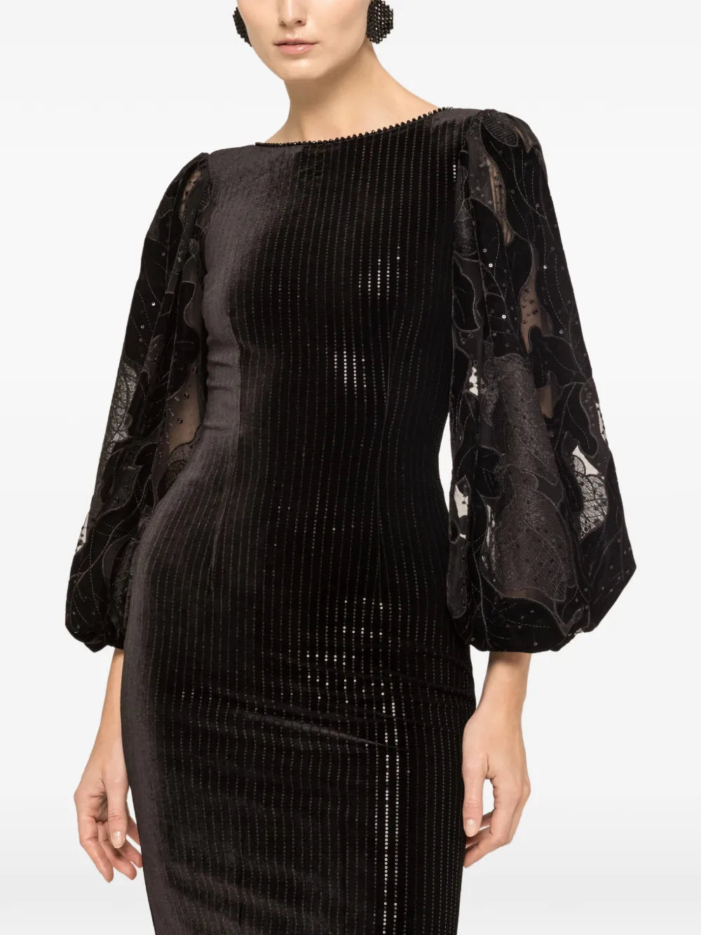Nissa Sequin Detailed Velvet Midi Dress — Black — Size XS — Front View
