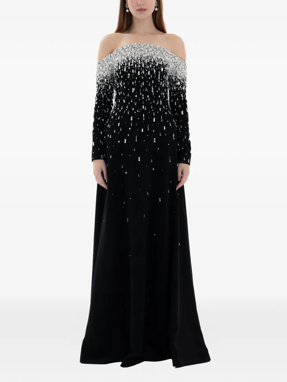 Dina Melwani Crystal Off Shoulder Gown — Black/ Red — Size XS — Front View