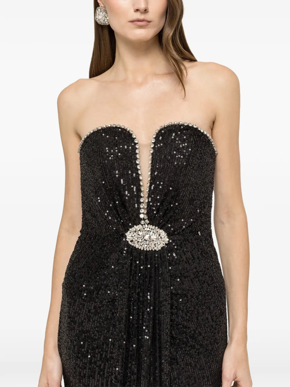 Nissa Crystal Embellished Sequinned Maxi Dress — Black — Size XS — Front View