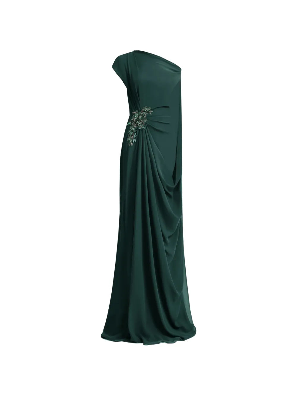 Gemy Maalouf Draped Cape Sleeve Gown — Green — Size S — Front View