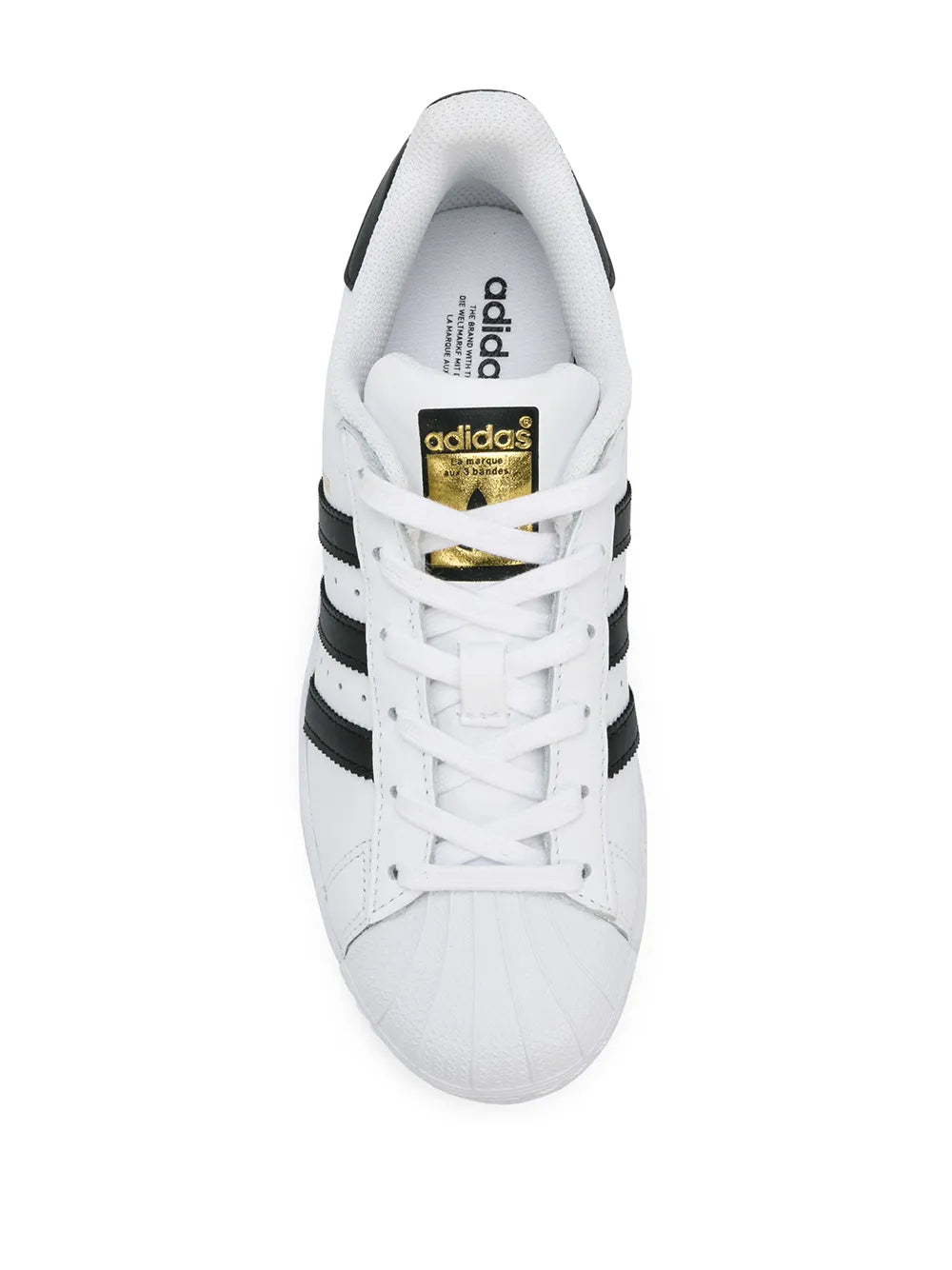 adidas Superstar White/Black/Gold Sneakers — Black/White — Size US M 9.5 - US W 11 — Top View