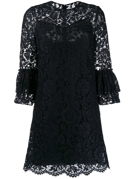 Valentino Garavani Flared Floral Lace Mini Dress — Tan/ Blue/ Red — Size XS — Front View