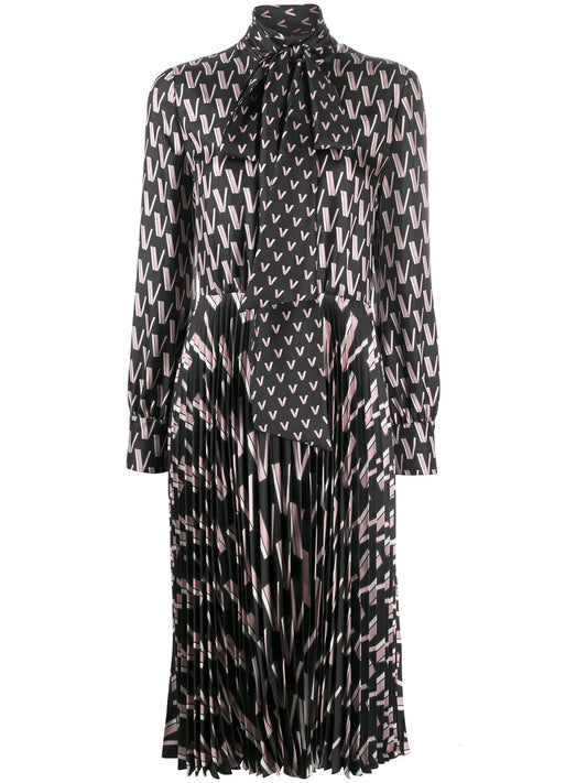 Valentino Garavani Double Vlogo Pussy Bow Dress — Black/ White/ Pink — Size XS — Front View