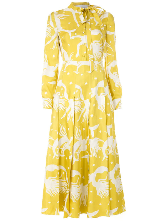 Valentino Garavani Printed Silk Twill Dress — White/ Yellow — Size S — Front View