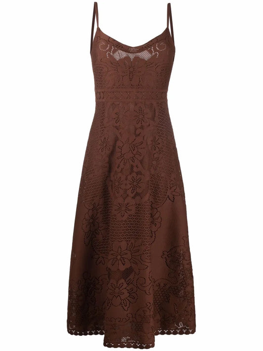 Valentino Garavani Sleeveless Floral Midi Dress — Brown/ Red — Size S — Front View