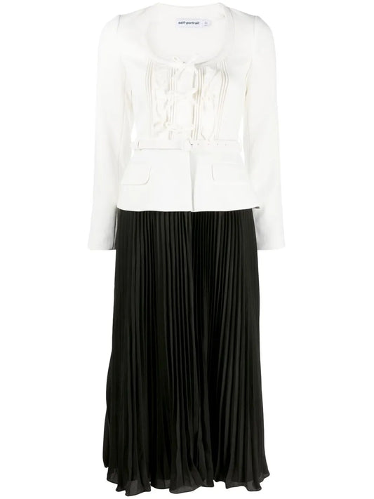 Self Portrait Pleated Skirt Midi Dress — Black/ Cream — Size XS — Front View