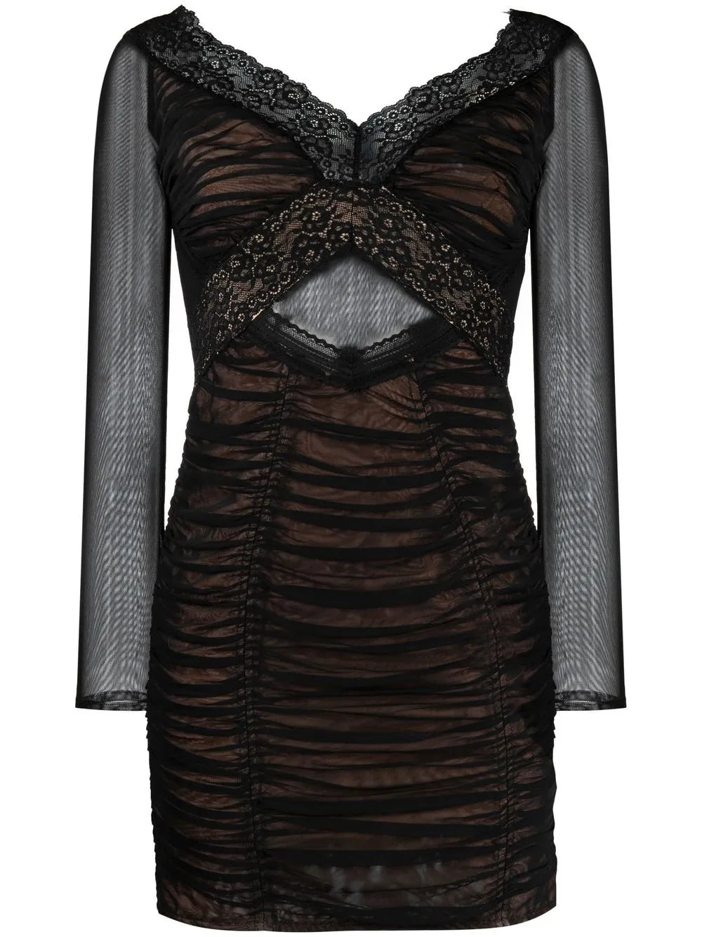 Self Portrait Lace Trim Mesh Mini Dress — Black — Size XS — Front View
