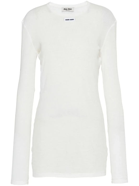 Miu Miu Logo Patch Ribbed Jersey Dress — White — Size XS — Front View