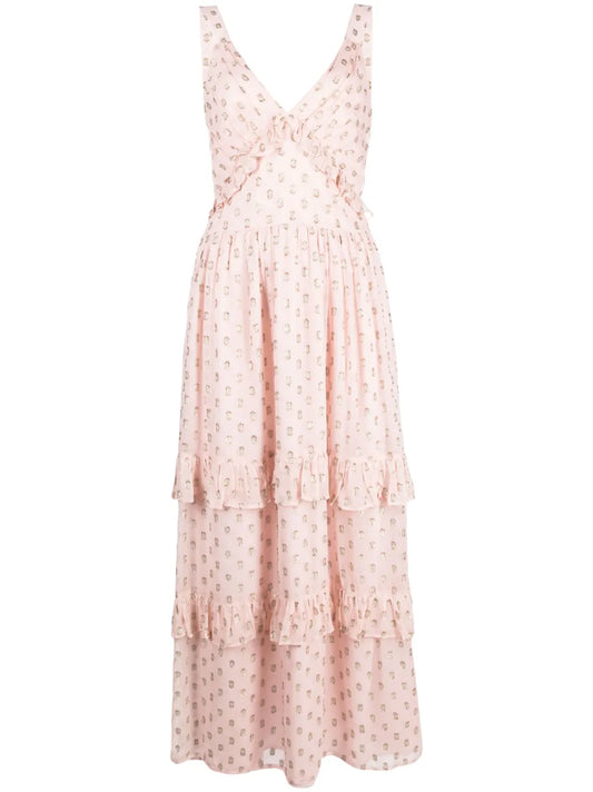 Twinset Ruffle Detail Maxi Dress — Red/ Pink — Size XS — Front View