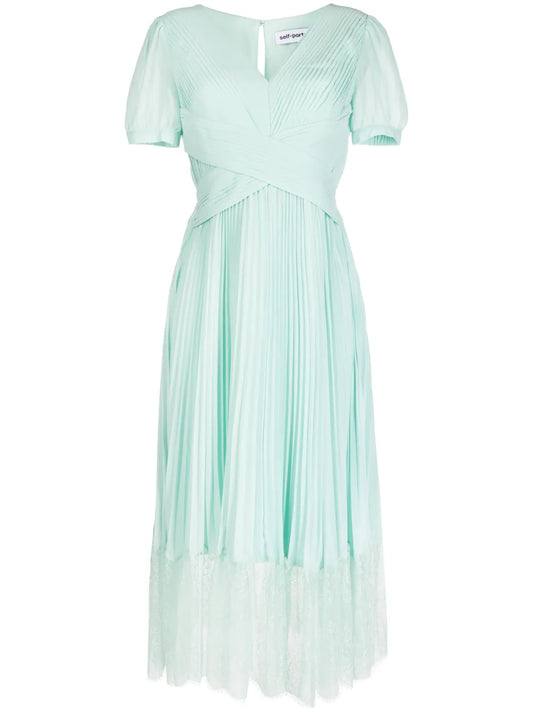 Self Portrait Pleated Lace Trim Midi Dress — Blue/ Red — Size S — Front View