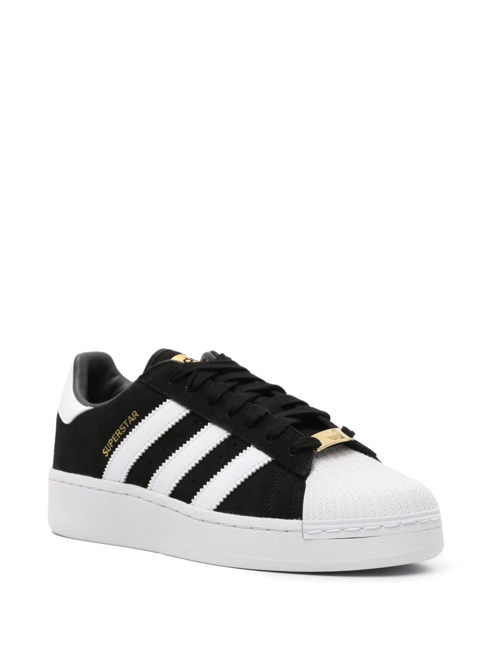 adidas Superstar Xlg Suede Leather Sneakers — Black/White/Gold-Tone — Size US M 9.5 - US W 11 — Side View