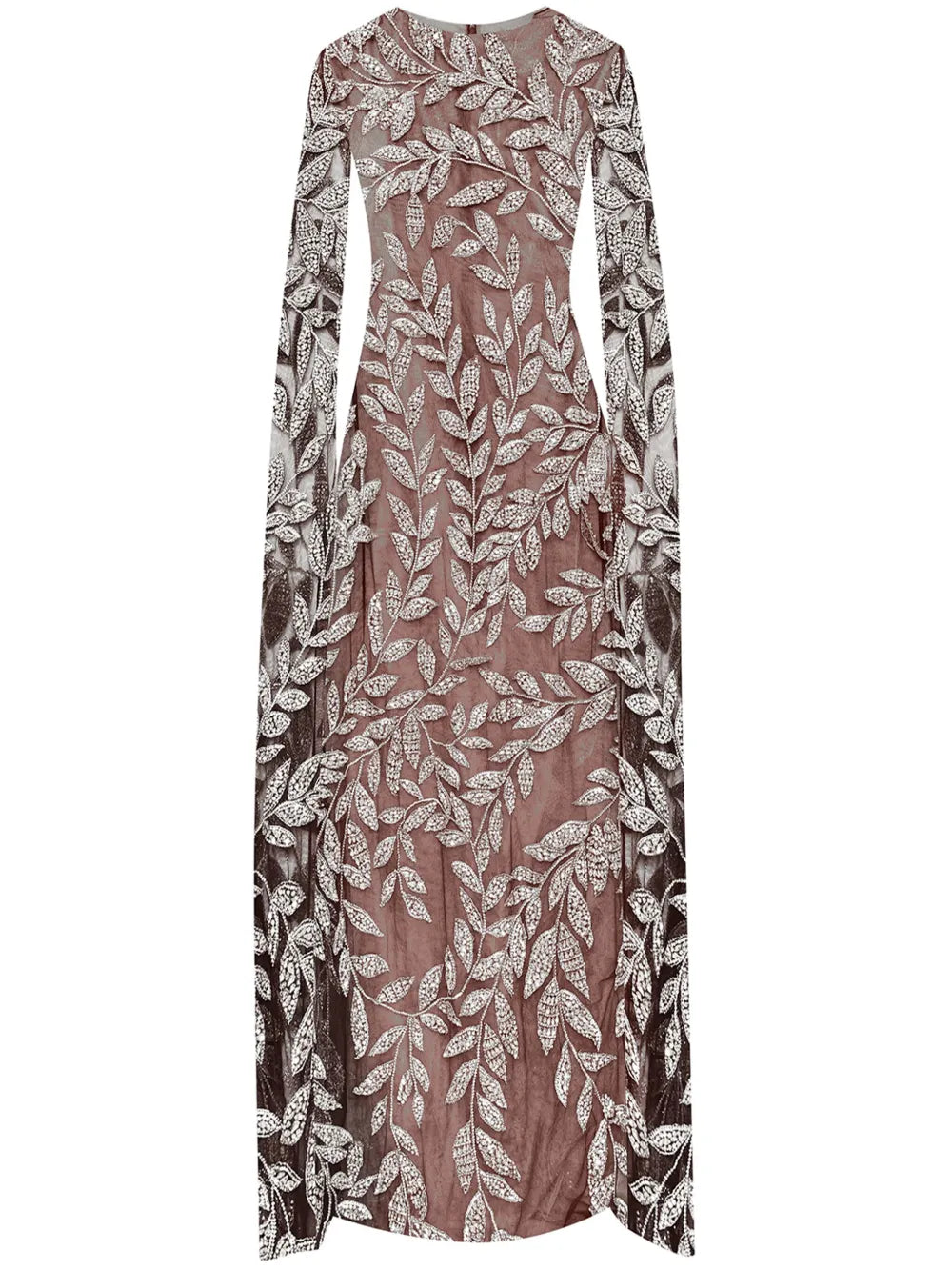 Oscar De La Renta Crystal Embellished Long Sleeve Dress — Beige/ Red — Size XS — Front View