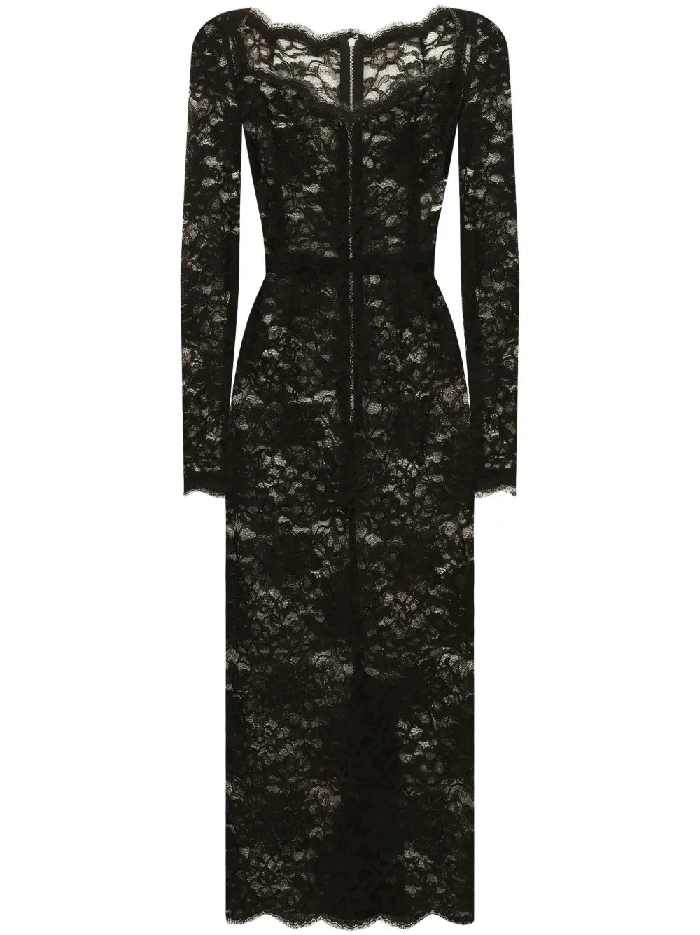 Dolce Gabbana Semi Sheer Lace Midi Dress — Black/ Red — Size S — Front View