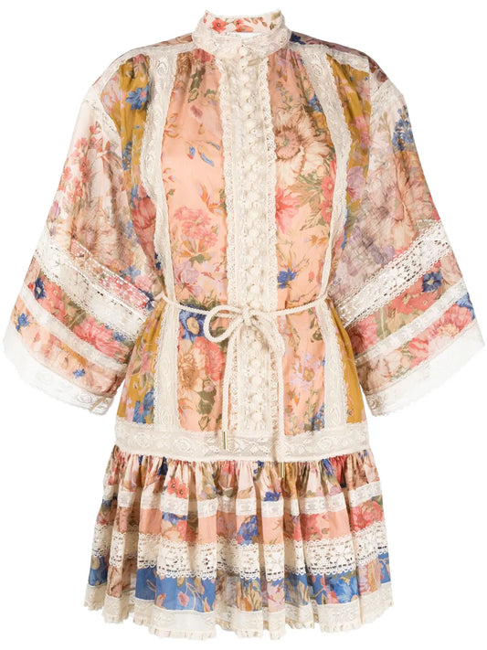 Zimmermann Cira Lantern Short Dress — Tan/ Pink — Size XS — Front View