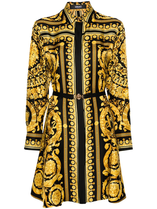 Versace Heritage Baroque Print Silk Minidress — Black/ Tan/ Red/ Gold — Size XS — Front View