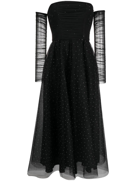 Nissa Crystal Embellished Off Shoulder Dress — Black/ Red — Size XS — Front View