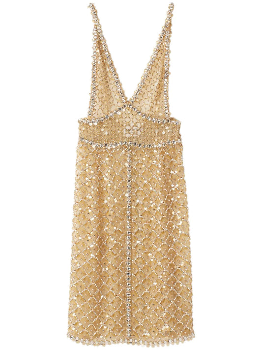 Miu Miu Bead Embellished Organza Midi Dress — Gold — Size S — Front View